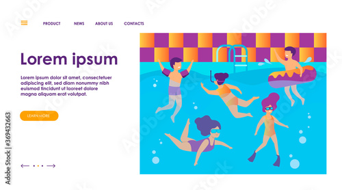 Happy kids swimming in pool. Children in swimwear enjoying bathing in water, diving, floating with inflatable ring. Can be used for swimming class, vacation, summer activity with friends concept