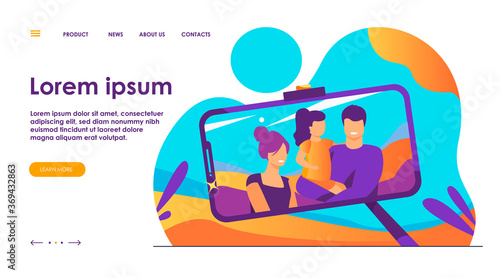Family selfie photo on phone screen. Parents and kid using smartphone and monopod for taking self portrait outdoors. Vector illustration for leisure, camera, technology concept