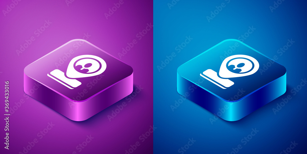 Isometric Worker location icon isolated on blue and purple background. Square button. Vector. Isometric Worker location icon isolated on blue and purple background. Square button. Vector.
