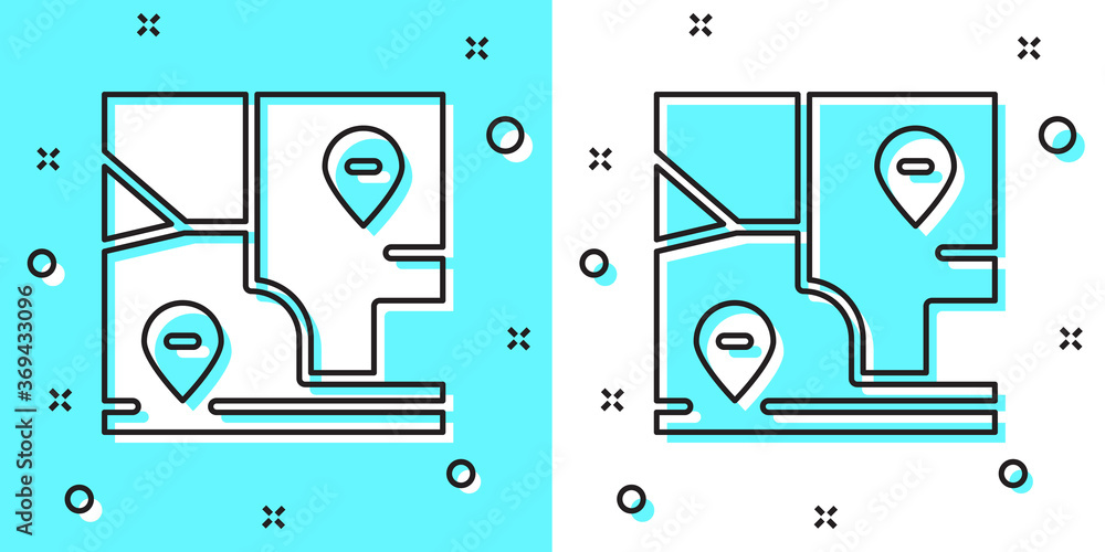 Black line Folded map with location marker icon isolated on green and white background. Random dynamic shapes. Vector. Black line Folded map with location marker icon isolated on green and white background. Random dynamic shapes. Vector.
