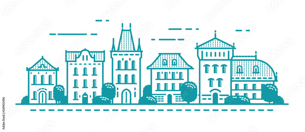 Urban landscape of old town. Retro buildings, city concept Urban landscape of old town. Retro buildings, city concept