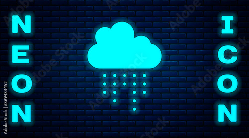 Glowing neon Cloud with rain icon isolated on brick wall background. Rain cloud precipitation with rain drops. Vector.