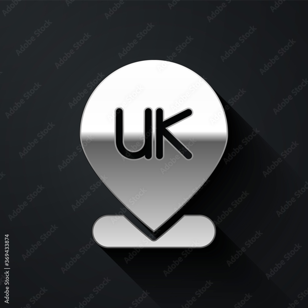 Silver Location England icon isolated on black background. Long shadow style. Vector. Silver Location England icon isolated on black background. Long shadow style. Vector.
