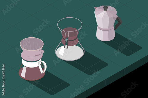 Slow Bar Coffee Alternative Brewing Methods Icons Isometric Vector Illustration. Isolated objects. Fully editable. Pour-over, mokapot, chemex, french press, aeropress, syphon.