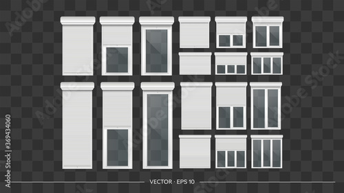 Vector realistic set of closed and open door or window rollers. Glass door or high window with roller shutters. White metal blinds.