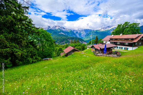 View from the top of Mountain Eckbauer to alps in the region of Garmisch-Partenkirchen, close to Zugspitze - Beautiful landscape scenery in Bavaria, Germany - Europe photo