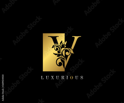 Golden V Letter Logo Design. Gold V Letter With Negative Space and Classy Leaves Shape design perfect for fashion, Jewelry, Cosmetics, Hotel and Restaurant Logo.