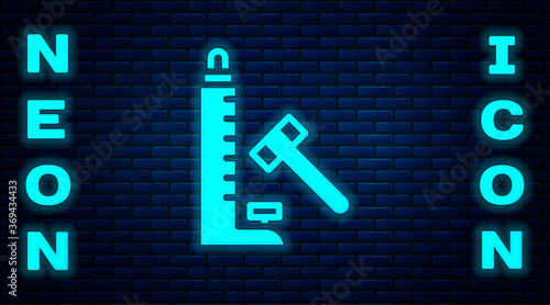 Glowing neon High striker attraction with big hammer icon isolated on brick wall background. Attraction for measuring strength. Amusement park. Vector.