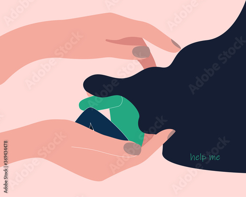Young character girl sitting on the palm of her hand. psychotherapy, help and support, consultations.
