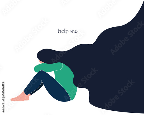 a sad single woman cannot get rid of depression and asks for help. The concept of supporting and caring for people under stress. Vector illustration in flat style