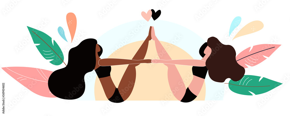 Female yoga group doing yoga in the studio. Fitness, sport and healthy lifestyle concept, practicing yoga, workout, health cartoon flat vector illustration
