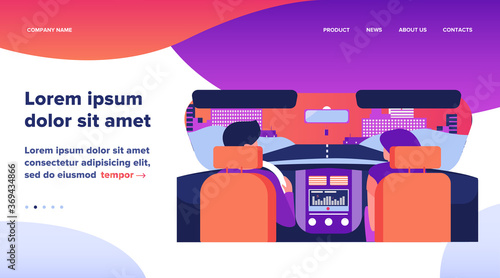 Couple riding vehicle. Back view of driver and passenger inside car interior. View from backseat. Vector illustration for driving, transportation, automobile, traffic concept