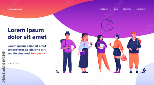 Group of college or university students hanging out. Happy teen girls and guys standing together, holding books, backpacks. Vector illustration for studying, school friends, fashion, youth concept