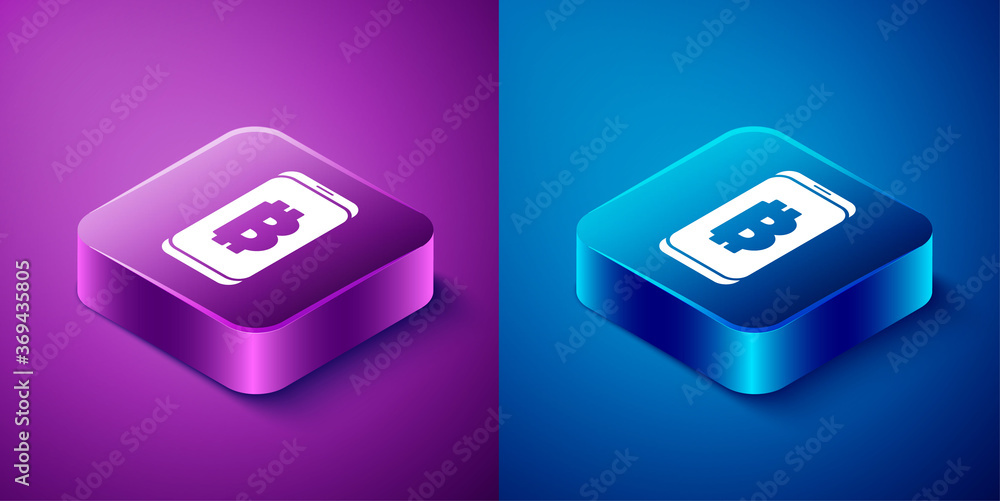 Isometric Mining bitcoin from mobile icon isolated on blue and purple background. Cryptocurrency mining, blockchain technology service. Square button. Vector. Isometric Mining bitcoin from mobile icon isolated on blue and purple background. Cryptocurrency mining, blockchain technology service. Square button. Vector.