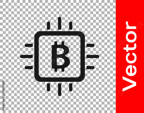 Black CPU mining farm icon isolated on transparent background. Bitcoin sign inside processor. Cryptocurrency mining community. Digital money. Vector.
