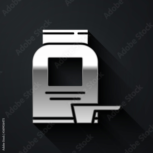 Silver Sports nutrition bodybuilding proteine power drink and food icon isolated on black background. Long shadow style. Vector.