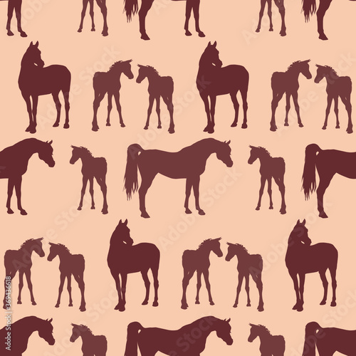 seamless background of figures of Arabian horses  a Mare with a foal and a stallion on a colored background
