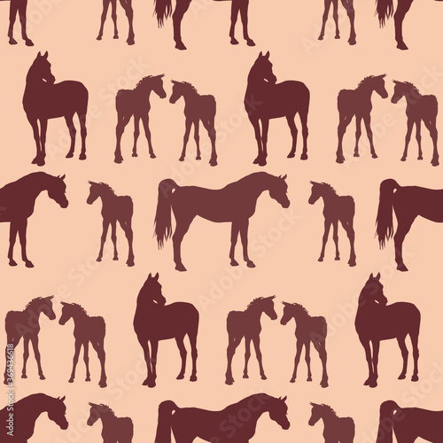 seamless background of figures of Arabian horses, a Mare with a foal and a stallion on a colored background