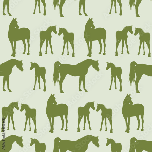seamless background of figures of Arabian horses, a Mare with a foal and a stallion on a colored background