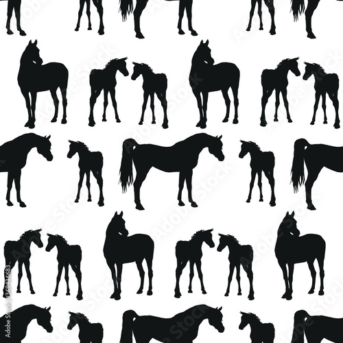 seamless background of figures of Arabian horses, a Mare with a foal and a stallion on a white background