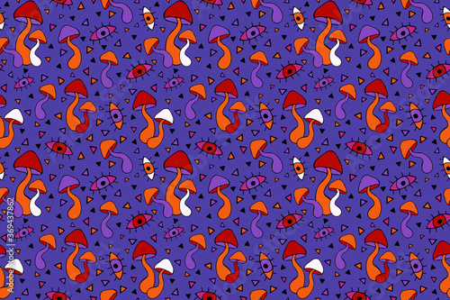 Crazy psychedelic vector seamless pattern with mushrooms and eyes. Grunge violet illustration in 60s style. Hand drawn repeated background for  fabric, textile, wallpaper, wrapping paper, cover