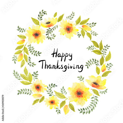 Happy Thanksgiving calligraphy in yellow marigold flowers round border on white background