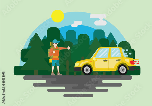 Hitchhiking on the roadside. Man with a backpack stopped a ride by thumbing. Vector illustration of hitchhiker on a forest background.