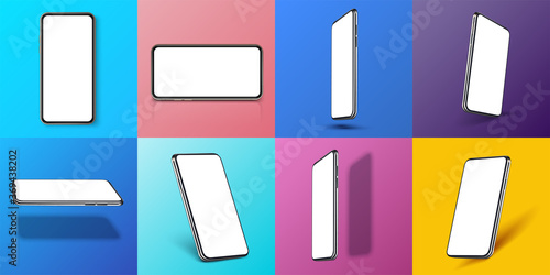 Realistic smartphone mockup. Device UI/UX mockup for presentation template. . Cellphone frame with blank display isolated templates, phone different angles views. 3d isometric illustration cell phone