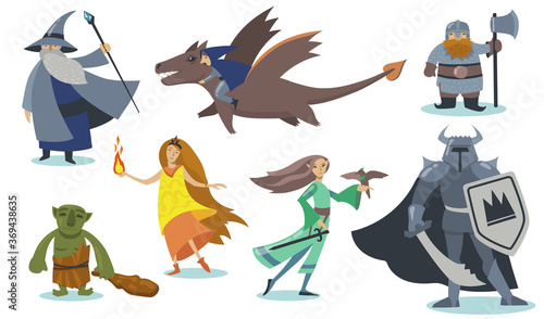 Computer game cartoon characters set. Giant, Viking warrior with shield, orc, magician, elf, gnome, hobbit. Isolated cartoon vector illustration for online game, fantasy and fairytale concept