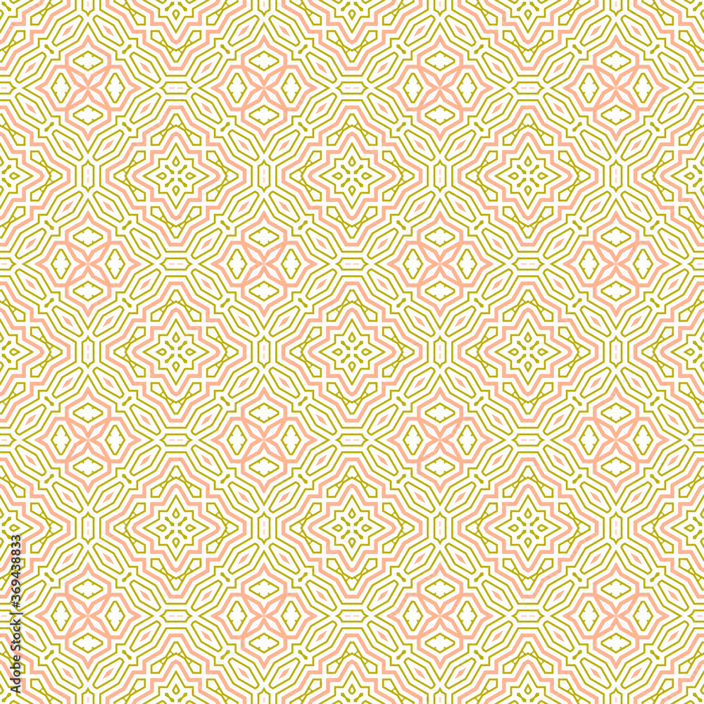 Cartoon geometric linear seamless pattern. Fantasy oriental mosaic background with different geo shapes. Arabesque tile wrapping paper. Vector illustration.      