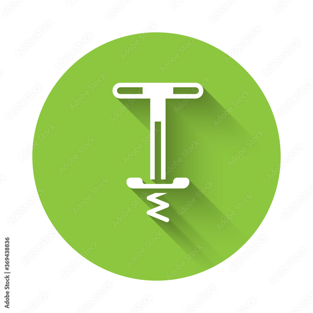 White Pogo stick jumping toy icon isolated with long shadow. Green circle button. Vector. White Pogo stick jumping toy icon isolated with long shadow. Green circle button. Vector.