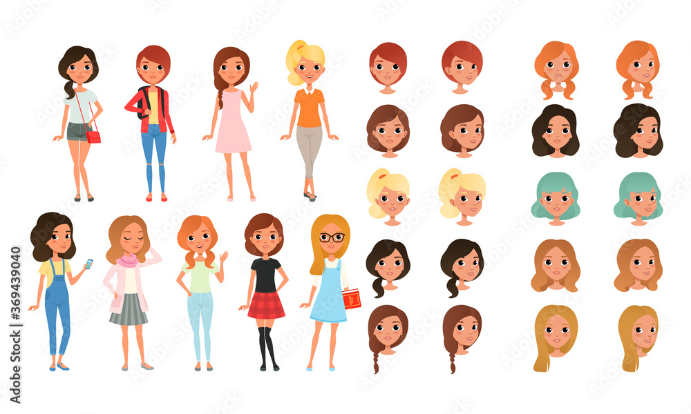 Teenage Girl Creation Set, Cute Girls in Fashionable Clothes with Various Haircuts, Faces, Poses Cartoon Style Vector Illustration - obrazy, fototapety, plakaty 