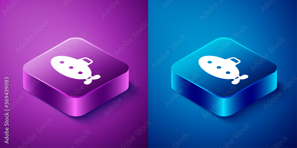 Isometric Submarine toy icon isolated on blue and purple background. Square button. Vector. Isometric Submarine toy icon isolated on blue and purple background. Square button. Vector.