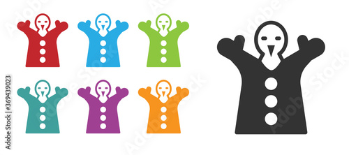 Black Toy puppet doll on hand icon isolated on white background. Set icons colorful. Vector.