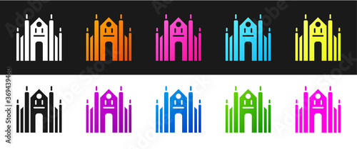 Set Milan Cathedral or Duomo di Milano icon isolated on black and white background. Famous landmark of Milan, Italy. Vector.