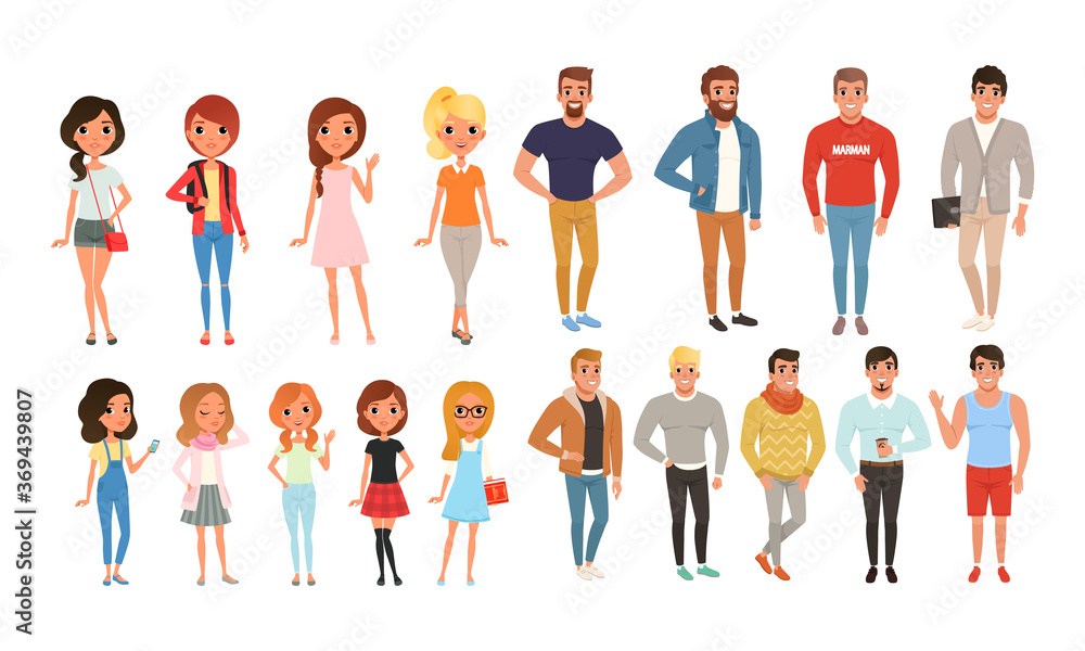 Teenage Boys and Girls in Various Outfits, Students Posing Wearing Fashionable Clothes Cartoon Style Vector Illustration