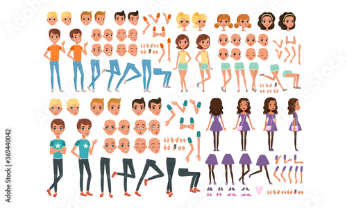 Teenage Boy and Girl Creation Set, Cute Girls and Boys with Various Haircuts, Face Emotions, Poses Cartoon Style Vector Illustration