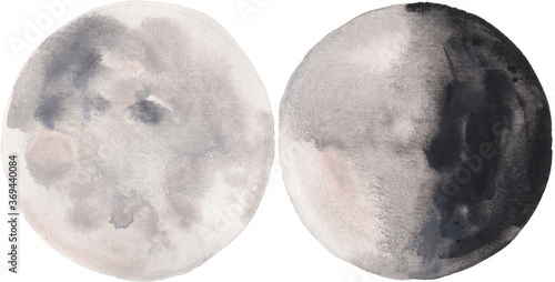 Watercolor full moon and half-moon, hand painted and scanned at high quality photo