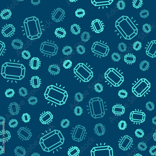 Green line Diamond icon isolated seamless pattern on blue background. Jewelry symbol. Gem stone. Vector.