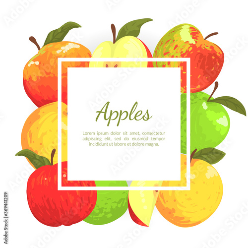 Apples Banner Template with Place for Text, Farm Market, Organic Food, Healthy Diet Advertisement Poster, Leaflet Vector Illustration