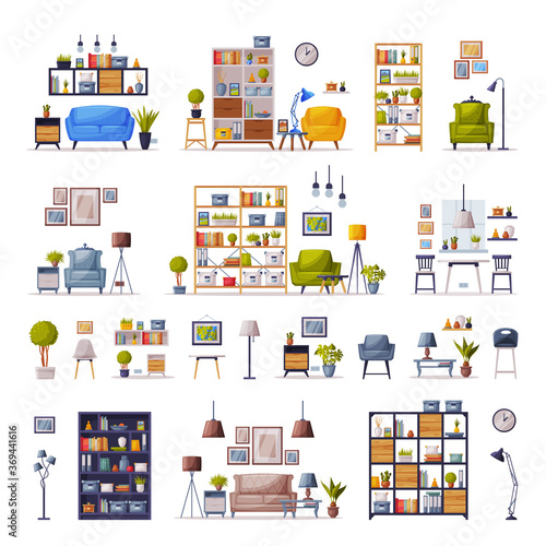 Modern Interiors with Comfy Furniture Set, Cozy Apartments Design, Home Decor Collection Vector Illustration