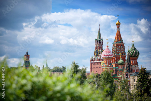View of Moscow Kremlin and St Basil's Cathedral, Russia. Moscow. The Red Square., Spasskaya Tower symbol of Moscow and Russia.