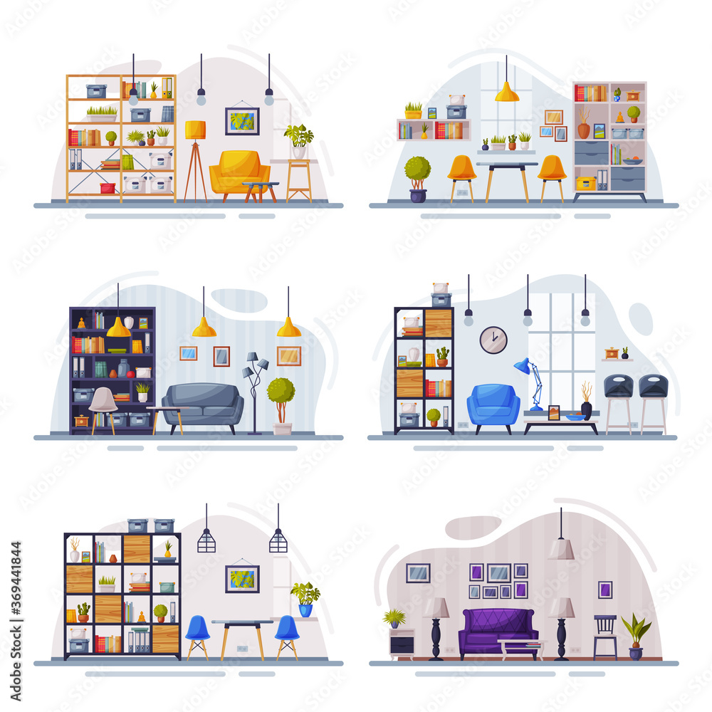 Modern Home Interiors with Comfy Furniture Set, Cozy Apartments Furnished in Trendy Scandinavian Style Vector Illustration