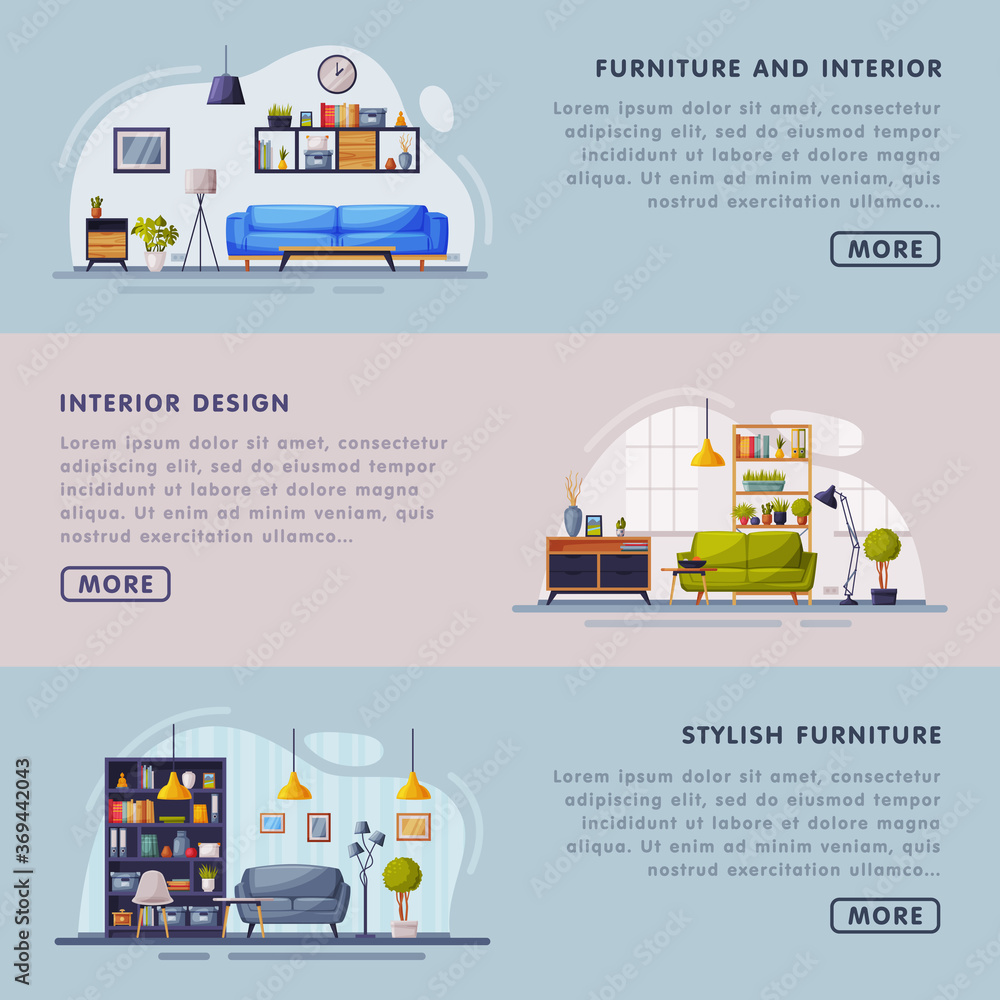 Interior and Stylish Furniture Design Landing Page Templates Set, Cozy Apartments Space, Comfy Furniture, Creation Home Interior Website Vector Illustration