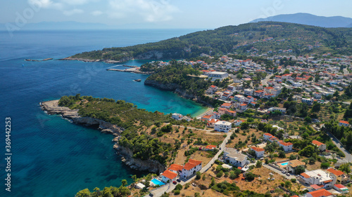 Aerial drone photo of famous small fishing port and village of Rousoum Gialos next to Votsi in island of Alonissos, Sporades, Greece