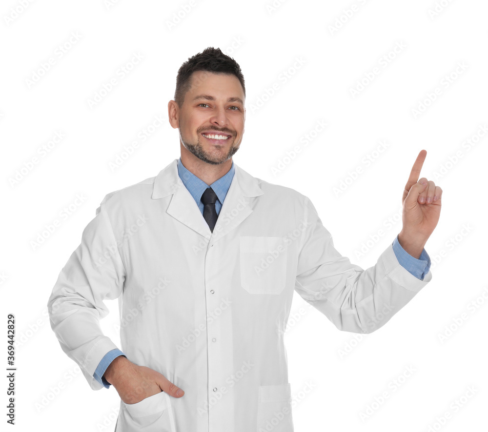 Happy man in lab coat on white background Happy man in lab coat on white background