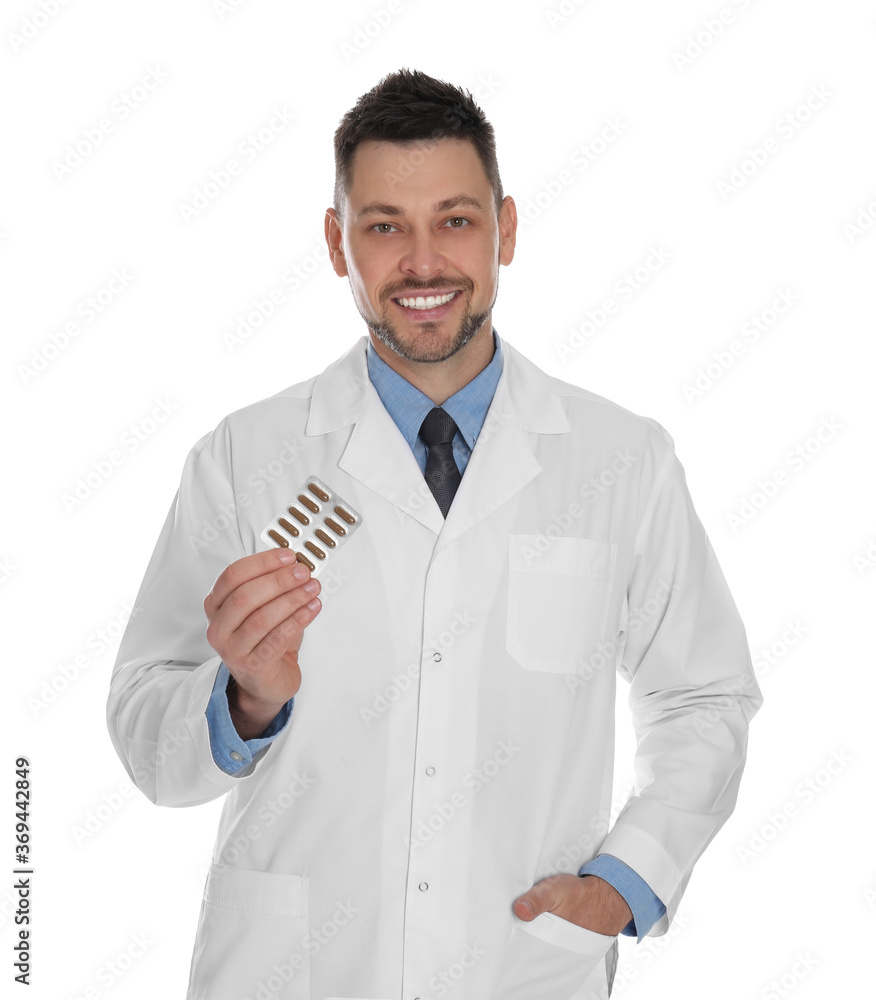Professional pharmacist with pills on white background Professional pharmacist with pills on white background