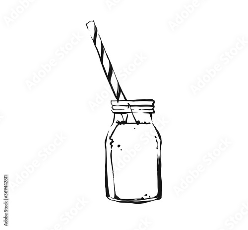 Hand drawn vector abstract artistic cooking ink sketch illustration of tropical fruit lemonade cocktail shake drink in glass mason jar isolated on white background.Diet detox concept.