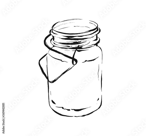 Hand drawn vector abstract artistic cooking ink sketch illustration of tropical lemonade cocktail shake drink in glass mason jar isolated on white background.Diet detox concept