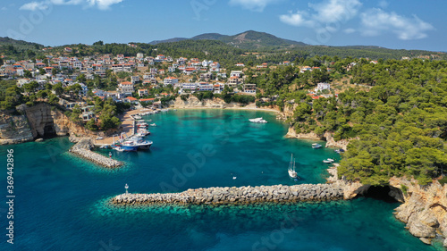 Aerial drone photo of famous small fishing port and village of Votsi in island of Alonissos, Sporades, Greece